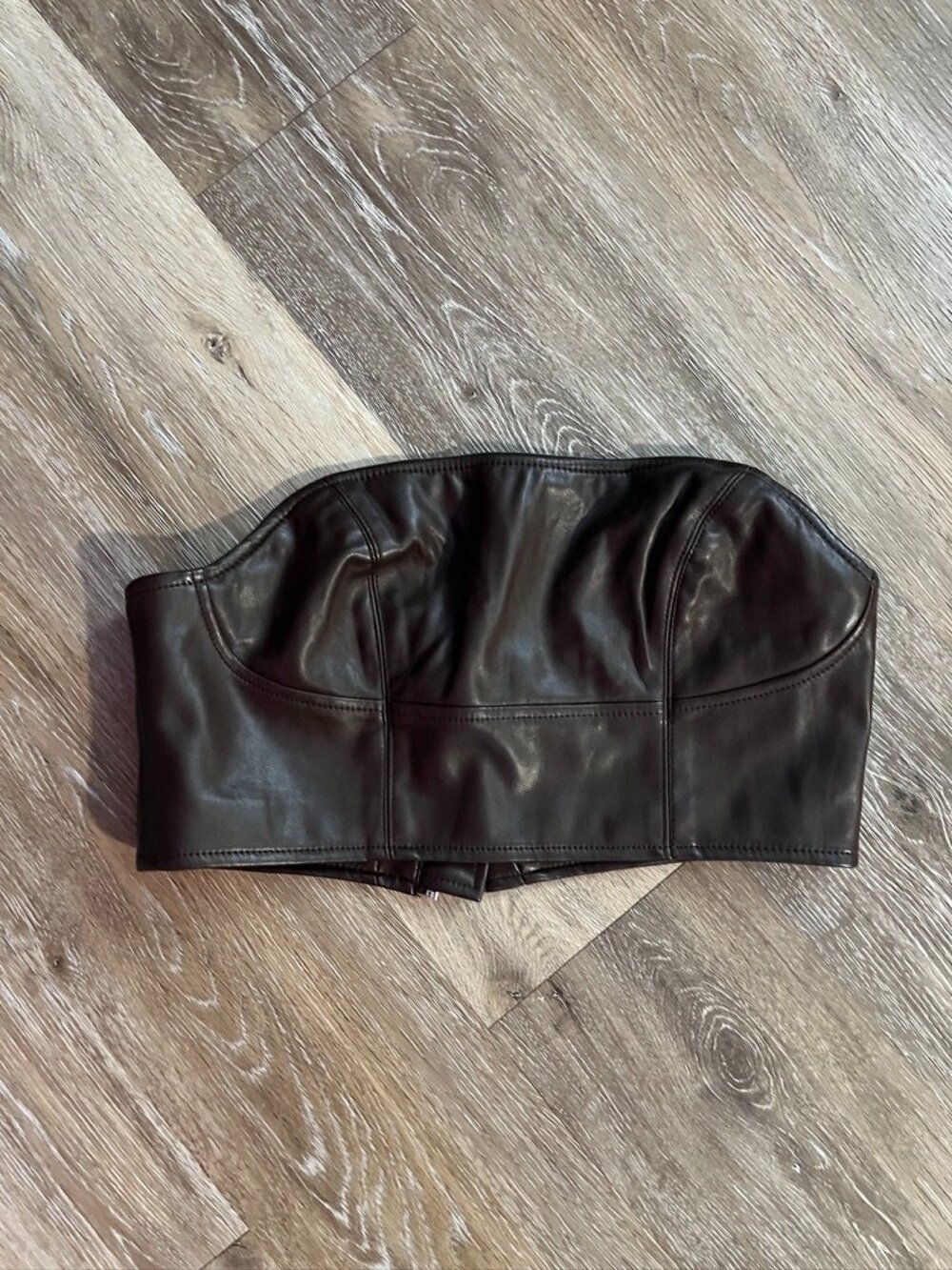 Brown Faux Leather Zip-Up Corset Cropped Bustier Top